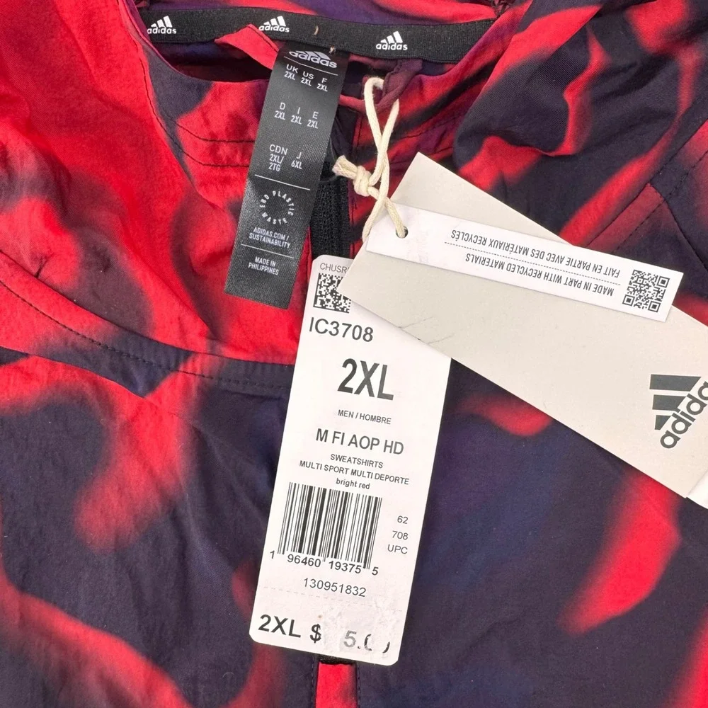 Adidas Hooded Sweatshirt Mens 2XL Red Black Marbled Quarter Zip IC3708 Loose Fit